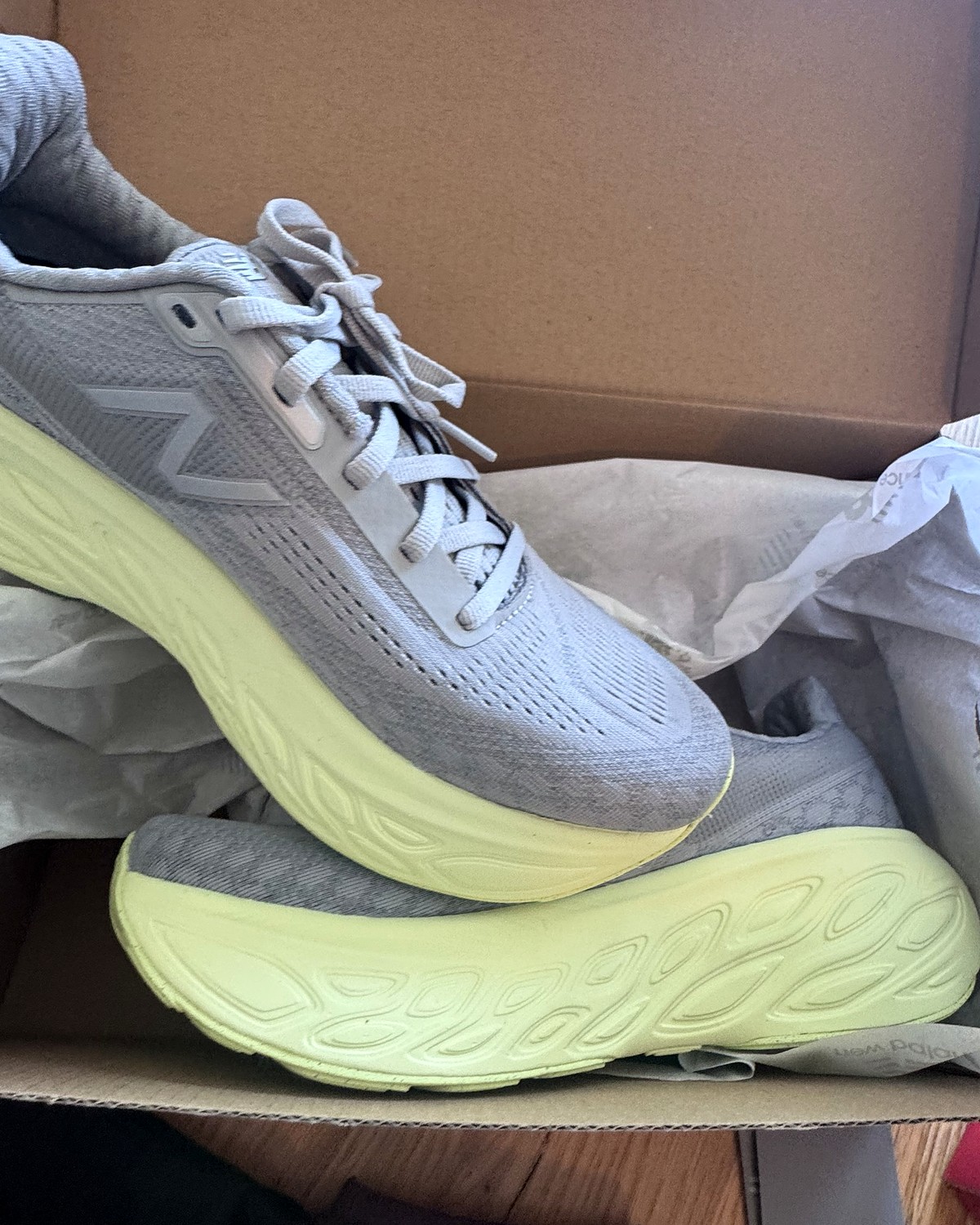 New Balance Fresh Foam X 1080, grey with a lime sole, in the box