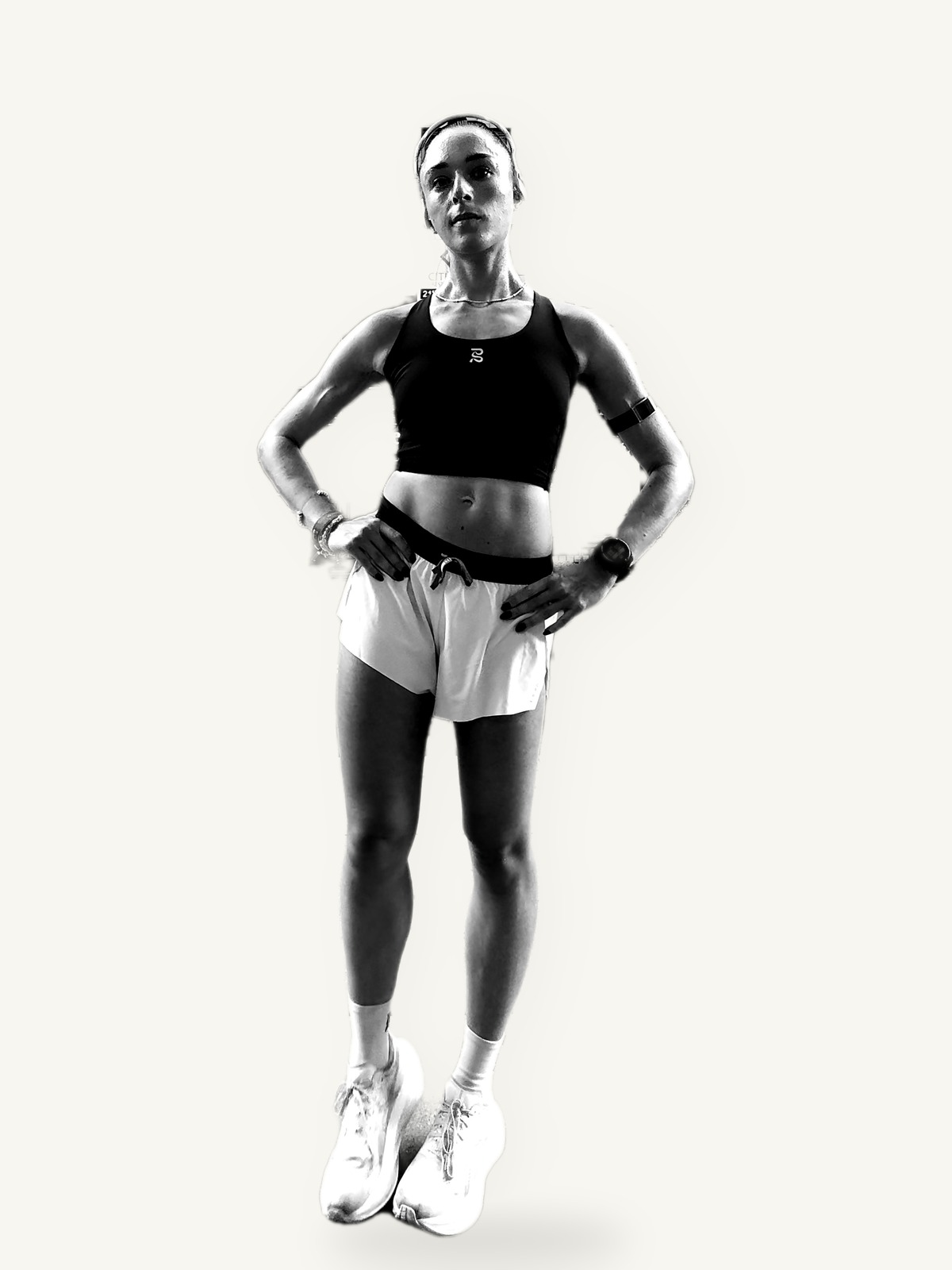 Navy crop and white split shorts, black and white on ivory