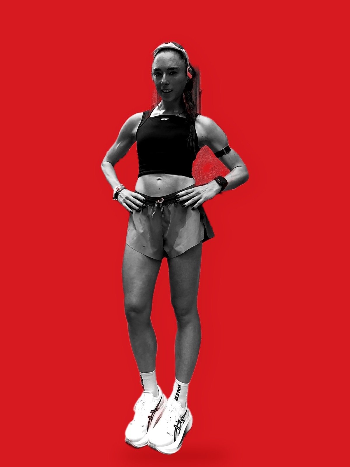 Black crop and olive shorts, black and white on red